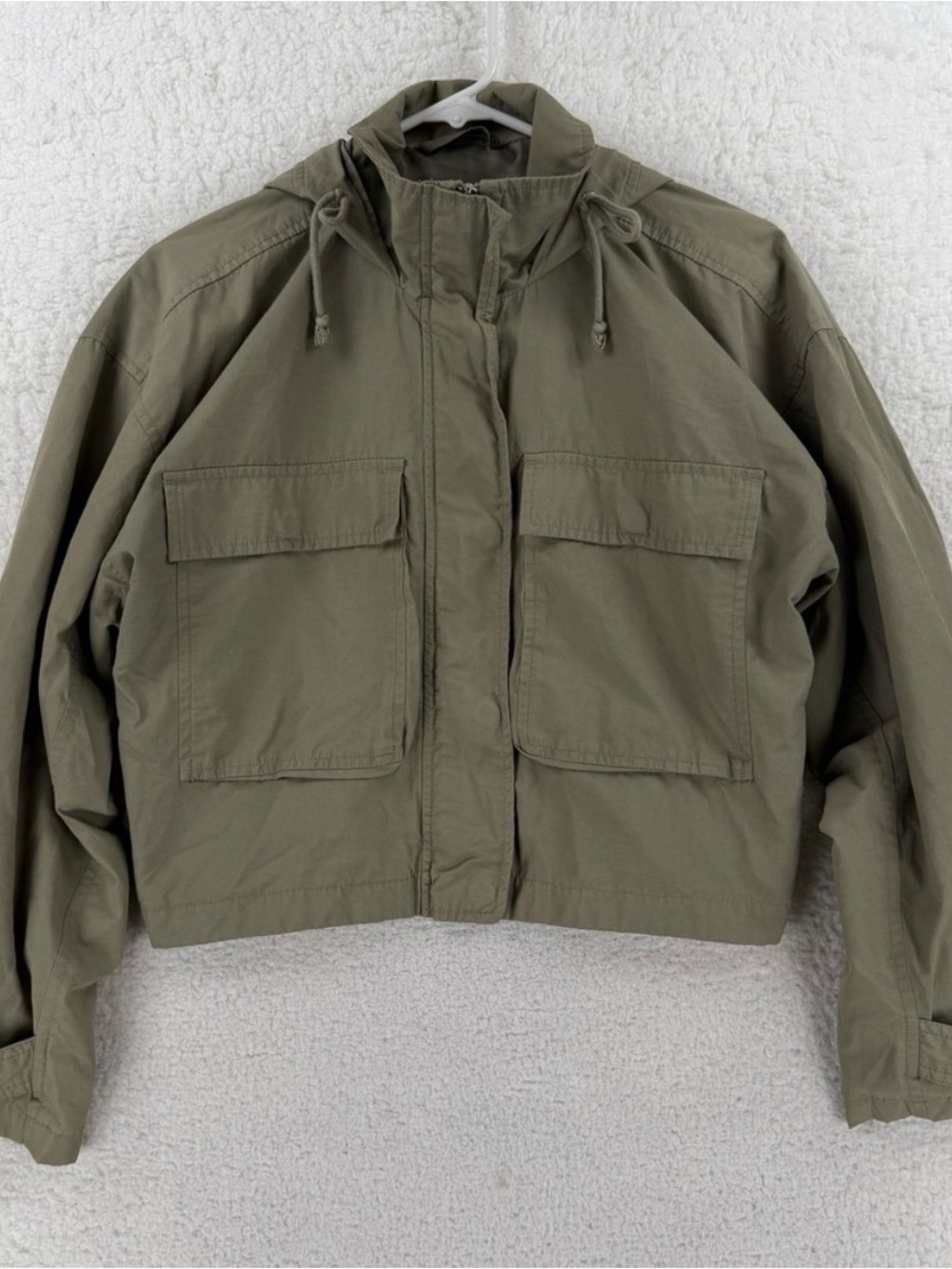 Olive Cropped Utility Jacket with Hood - Women